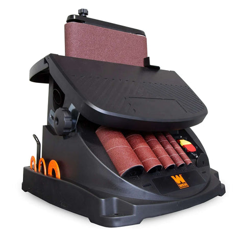 Powerful Heavy Duty Oscillating Belt And Spindle Sander With Four By Twenty Four Inch Belt And Drums From One Half To Two Inches Three And A Half Amp Motor Belt Speed Up To Fifteen Hundred Seventy Five Feet Per Minute Spindle Up To Two Thousand RPM shown with sanding attachments