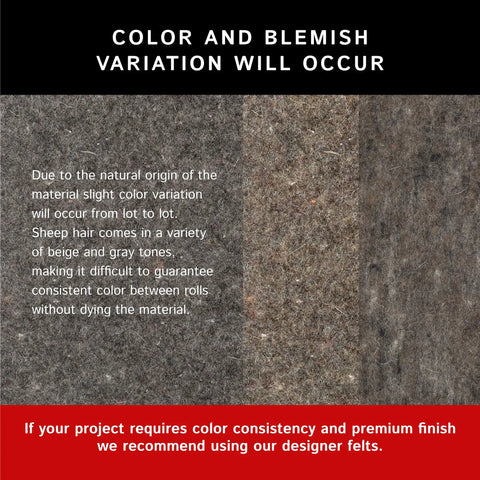 Color variation in F15 Industrial Felt 72 Inch Wide One Foot Long One Half Inch Thick Heavy Duty Industrial Grade.