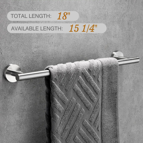 Brushed Nickel Bathroom Hardware Set 5-Piece Kit With 18-Inch Towel Bar shown with gray towel mounted on wall