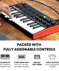 Top view of MPK Mini MK3 25 Key USB MIDI Keyboard Controller with 8 backlit drum pads, 8 knobs and text about features on a wooden surface.