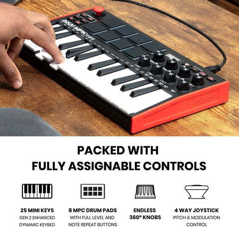 Top view of MPK Mini MK3 25 Key USB MIDI Keyboard Controller with 8 backlit drum pads, 8 knobs and text about features on a wooden surface.