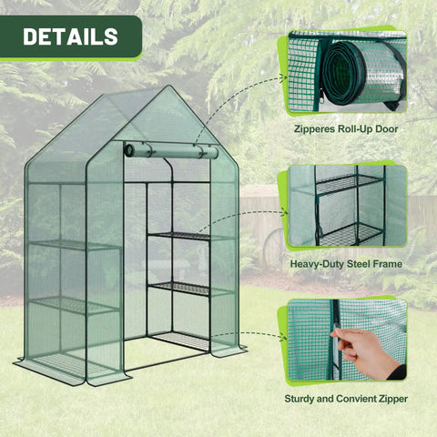 Spacious 3 Tier Walk In Greenhouse Kit With 6 Shelves And Durable PE Cover, outdoor greenhouse details with zipper and steel frame