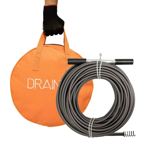 Easy Twist Drain Auger For Clogs Flexible 50 Ft Cable Half Inch Diameter Plumbing Tool Kit With Storage Bag and Handle Bar
