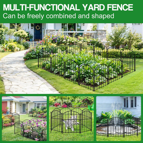 Easy No Dig Garden Fence Kit With 10 Arched Panels surrounding flower and vegetable beds in a yard, snap circle design.