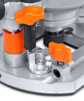Close-up of base of Rock-Solid 15 Amp Variable Speed Plunge Router Kit with edge guide and adjustment knobs visible.