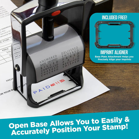 Heavy Duty Steel Frame Date Stamp With Black Ink And 12 Interchangeable Phrases Built Hella Tough For No Sweat Daily Processing While Handling Large Dates And Fast Ink Changes Easily placed on paperwork with paid imprint.