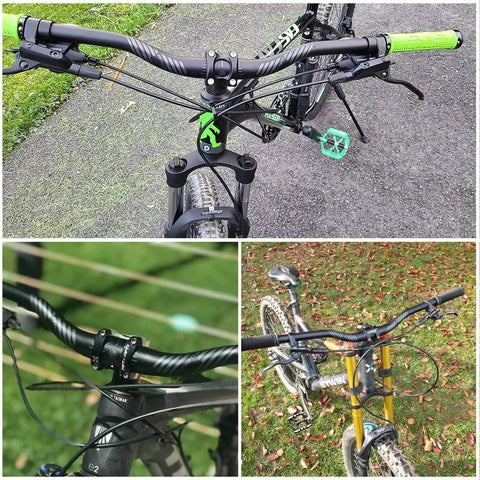 Riser Handlebar For Mountain Bikes Trail Ready Beefy Aluminum 6061 Alloy 31.8mm Clamp, 780mm Wide, on various bicycles.