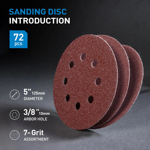Stack of 8 hole 5 inch sanding discs for random orbital sander, showing textured surface and grits, 72 Piece 5 Inch 8 Hole Hook And Loop Sanding Discs Set For Random Orbital Sander With Adhesive Backing Assorted Grits 40 60 80 120 180 240 320 Easy Attach Sandpaper For Fast Finishing And Polishing