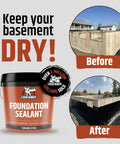 Pro Level Flexible Basement Waterproofing Sealant Keeps Your Foundation Bone Dry And Slams Leaks Dead In Their Tracks Heavy Duty One Gallon Black Coating For Contractors before and after application on basement wall.