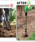 Garden auger drill bit for planting, 2x32 in, 3/8 in hex drive, shown installed on a green cordless drill.