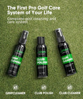 Pro Grade All In One Golf Cleaning Kit with grip cleaner, club polish, and club cleaner bottles on grass.
