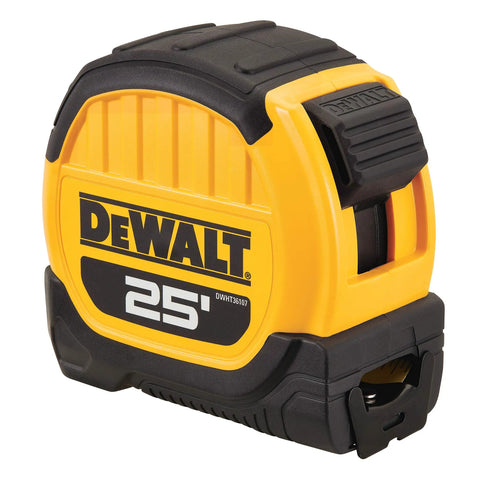 Wide Base 1 1/8 Inch Tape Measure, 25 Feet, Locking Blade, Standard Rule, Yellow Atomic Tape with casing visible, Built Tough Pro.