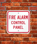 K-5834-AL-12x12 Fire Alarm Control Panel Sign Red On White Aluminum Outdoor Sign on Brick Wall