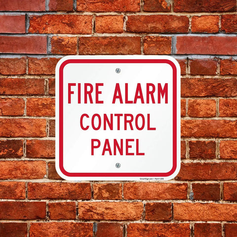 K-5834-AL-12x12 Fire Alarm Control Panel Sign Red On White Aluminum Outdoor Sign on Brick Wall