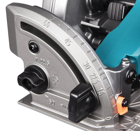 Detailed angle of Heavy Hitter 40 Volt Cordless Circular Saw showing precision depth adjustment and angle settings.