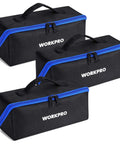 Heavy Duty 10 Inch Tool Bag With Zipper Wide Mouth Pouch All Purpose Organizer Tote 3 Pack Built Tough From 1680D Oxford Cloth With Dual Zippers For Tools And Parts, shown front and side view.
