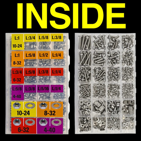 Heavy Duty 725 Piece Phillips Pan Head Machine Screw Assortment Kit With 304 Stainless Steel Nuts And Flat Washers In A Tight Snap Lock Case, organized fasteners in sections.