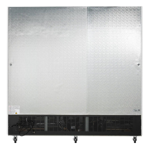 Back view of Heavy Duty Three Door Glass Front Commercial Refrigerator Reach In Cooler Built Tough With Stainless Steel Exterior.