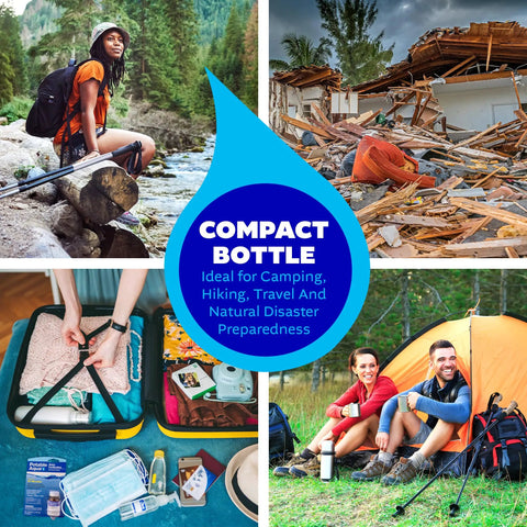 Compact bottle for camping, hiking, travel, and emergencies with water purification tablets 50 count for safe drinking.