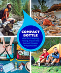 Collage of outdoor scenes and travel gear with Compact Bottle for Water Purification Tablets For Travel And Survival focus keyword.