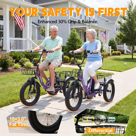 Electric Tricycle For Adults With 1200W Peak Motor Foldable E Trike 48V 13Ah Battery Fat 18x3 Tires 3 Wheel Step Through Ebike With Basket Sweet Ride Easy Mount Up To 65 Miles And 18 MPH, two adults riding purple trikes on a suburban sidewalk