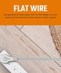 White Flat Angled Extension Cord With Three Outlets For Indoor Use Ten Plus Feet Long 3 Prong Power Cable That Saves Space And Fits Behind Furniture UL Listed Durable Easy Plug In shown on wood floor behind rug