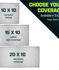Infographic showing 10 X 10, 15 X 10, and 20 X 10 sports netting sizes for 10 Foot By 10 Foot Sports Netting Hitting Net For Golf Baseball Hockey Soccer Lacrosse And More Backyard Practice Netting For Indoor Or Outdoor Use For All Weather Training.