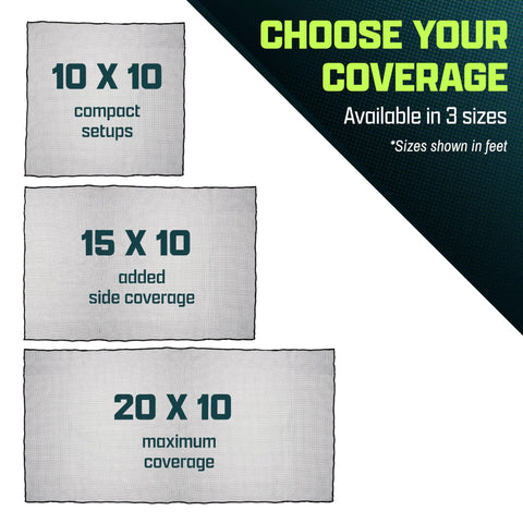 Infographic showing 10 X 10, 15 X 10, and 20 X 10 sports netting sizes for 10 Foot By 10 Foot Sports Netting Hitting Net For Golf Baseball Hockey Soccer Lacrosse And More Backyard Practice Netting For Indoor Or Outdoor Use For All Weather Training.