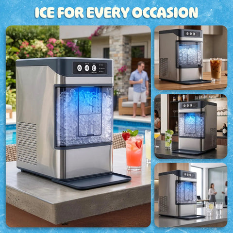 Countertop Nugget Ice Maker Delivering Dang Good Soft Chewable Ice That Chills Your Drinks Fast, No Sweat Setup With A Generous Two Liter Tank in a kitchen setting.