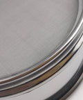 Close-up of Workhorse 200 Mesh Lab Sieve for Precise Screening, 4 Inch Diameter, 304 Stainless Steel Wire Cloth, Double Layer Frame, Corrosion Resistant Lab Tool