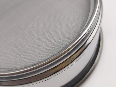 Close-up of Workhorse 200 Mesh Lab Sieve for Precise Screening, 4 Inch Diameter, 304 Stainless Steel Wire Cloth, Double Layer Frame, Corrosion Resistant Lab Tool
