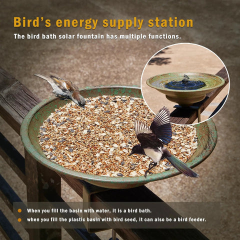 Solar Bird Bath Fountain For Deck Patio Balcony And Garden, Metal Bird Bath Bubbler with birds on deck-mounted feature.