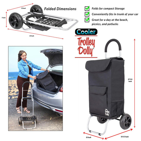 Collapsible Cooler Trolley On Wheels With Removable Insulated Bag For Tailgating Beers Beach Picnics And Grocery Runs Keeps Drinks Cold And Food Fresh 14x17x38 Inch Portable Ice Cart showing black design and folding mechanism.
