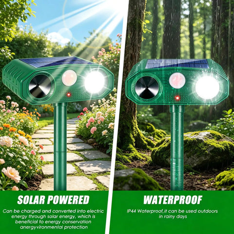 Solar Powered Outdoor Animal Deterrent With Motion Activated Ultrasonic Alerts And LED Strobe Lights in garden