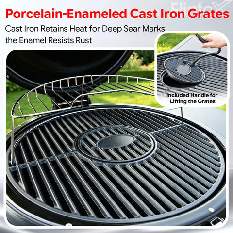 Porcelain-enamel cast iron grates in Kickass 22 Inch Steel Kamado Charcoal Grill And Egg Smoker With Cart, showing heat retention details.
