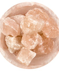 Top view of Himalayan Salt Chip Bowl Lamp With Dimmer Switch Hand-Carved Stone Salt Lamp On Premium Wood Base filled with salt crystals