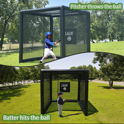 Inflatable Batting Cage For Baseball And Softball, Instant Pop-Up 10 Ft By 10 Ft By 10 Ft Backyard Training Cage in use by kids.