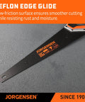 Close-up of 20 Inch Black Coated Pro Grade Hand Saw Blade with Ergonomic Non Slip Aluminum Handle showcasing Teflon Edge Glide.
