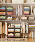 Dead Simple Hanging Closet Organizer With Expansive Tiered Wire Baskets Saves Serious Space In Your Laundry Room with folded clothes.