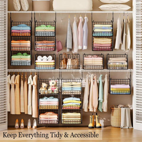 Dead Simple Hanging Closet Organizer With Expansive Tiered Wire Baskets Saves Serious Space In Your Laundry Room with folded clothes.