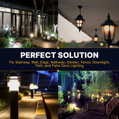 Outdoor lighting setup for stairway, garden, and walkway using 12 Volt 7 Watt T5 Landscape Light Bulbs Pack Of 10 Clear Wedge