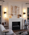 8000mAh Walnut Battery Operated Wall Sconces Set of 2, Dimmable Rechargeable Wall Sconce with Remote beside a modern fireplace.