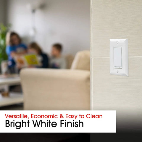 Single Rocker Wall Plate Cover 1 Gang White With Screws Included, Easy DIY Light Switch Upgrade, installed on beige wall.
