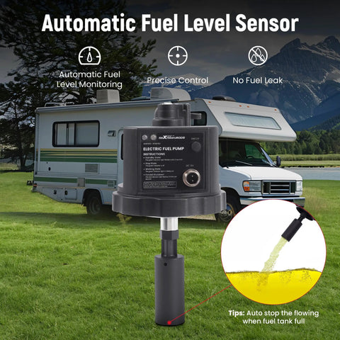 12V DC Gasoline Fuel Pump With Auto Sensor For Generators in front of an RV, showcasing automatic fuel level monitoring and precise control.