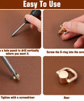 Instructions for 8 Pack D Rings For Purses With Punch Kit 360 Degree Rotatable Bag Hardware installation on brown leather.