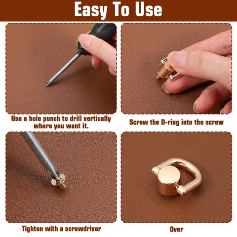 Instructions for 8 Pack D Rings For Purses With Punch Kit 360 Degree Rotatable Bag Hardware installation on brown leather.