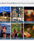 Collage of Ambience Pro USB Powered Outdoor String Lights 24 Ft Waterproof Shatterproof Patio Vibes Lighting in various settings.