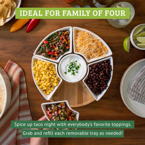 Slick Ceramic Taco Lazy Susan Featuring Six Deep Bowls And A Silky Swivel Base for taco toppings and dips.