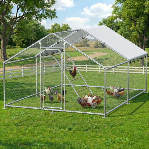 Heavy Duty Metal Chicken Coop With Waterproof UV Resistant Cover And Perch Walk In Outdoor Run For Yard Or Farm Built To Last Large 9.8 Ft L x 13.2 Ft W x 6.4 Ft H Spire Roof Galvanized Steel Frame Keeps Chickens Safe From Rain Wind And Predators shown in a green yard setting