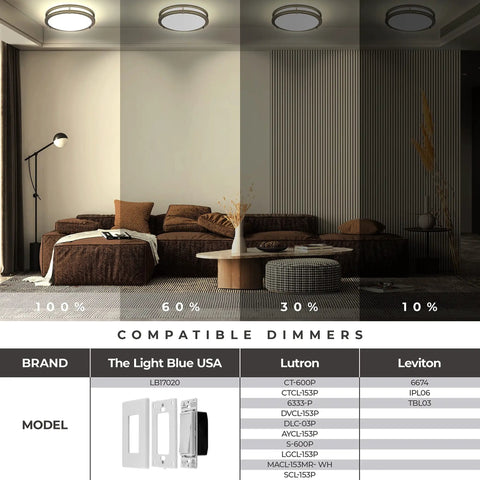 Living room with dimmed lighting showcasing 12 Inch LED Flush Mount Ceiling Light Dimmable 15W 150W Equivalent 1200lm 5000K Daylight Oil Rubbed Bronze Dual Ring Fixture for Kitchen Hallway Bathroom Stairwell Modern Low Profile Bright and Energy Efficient with compatible dimmers.